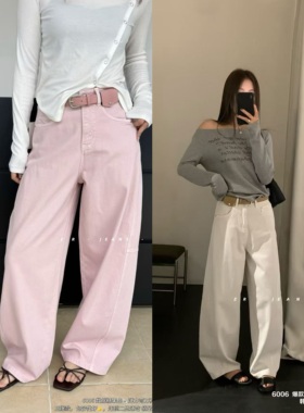 高货ZR6006春季2026新款慵懒风宽松阔腿裤粉色弯刀裤女牛仔拖地裤