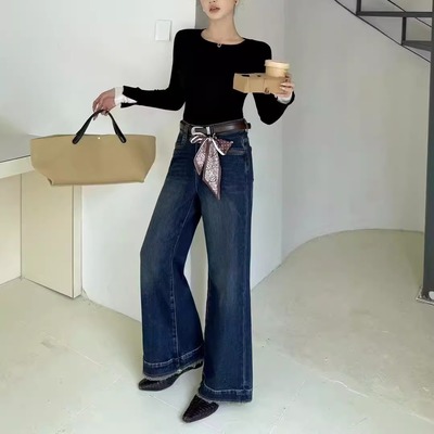 2025秋冬韩版高品质女蓝色植绒阔腿裤抓毛直筒裤显瘦薄绒牛仔裤女