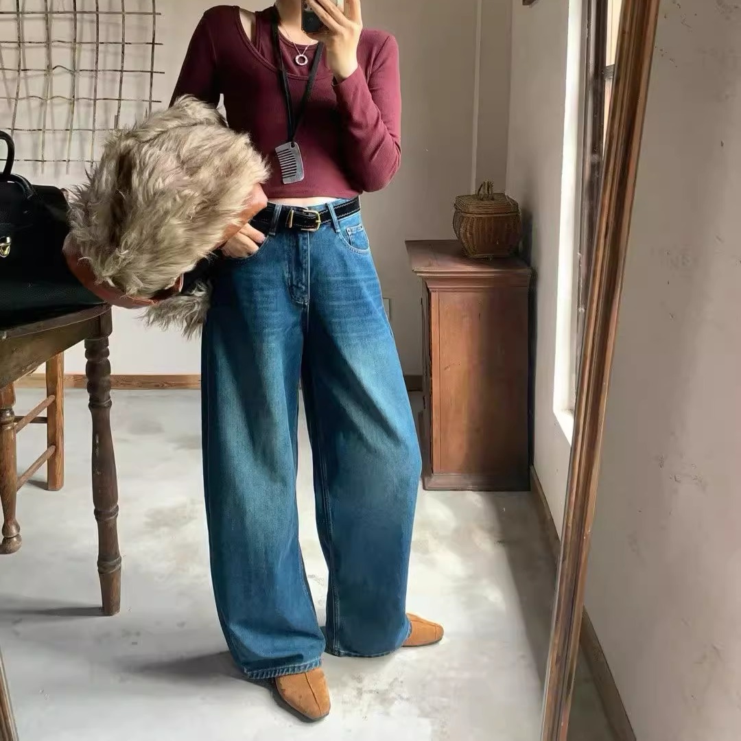 零壹LING YI 22977秋冬款休闲裤宽松镰刀裤植绒弯刀裤宽松牛仔裤