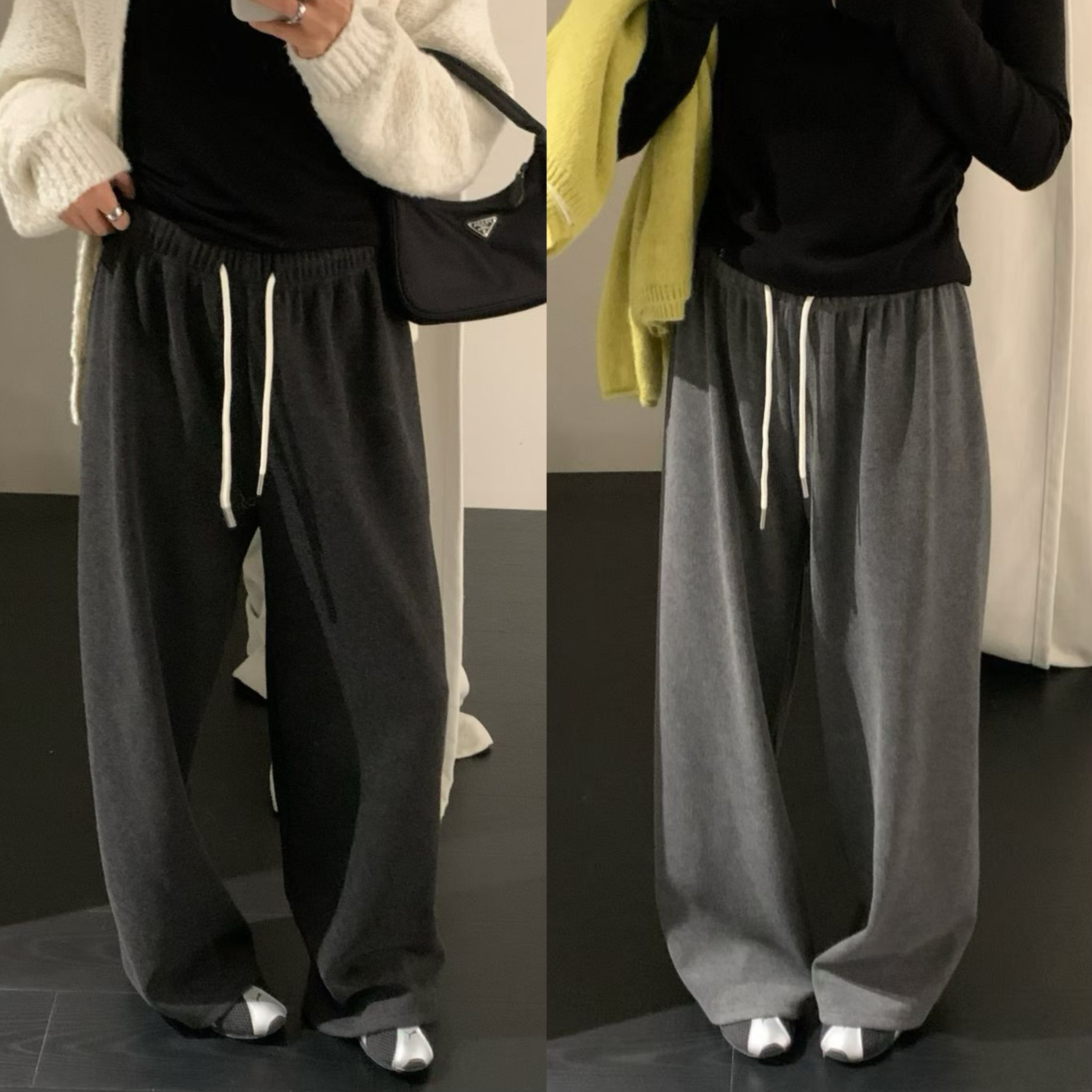 零壹LING YI1020冬季新力加厚阔腿裤休闲裤宽松女羊绒加厚拖地裤