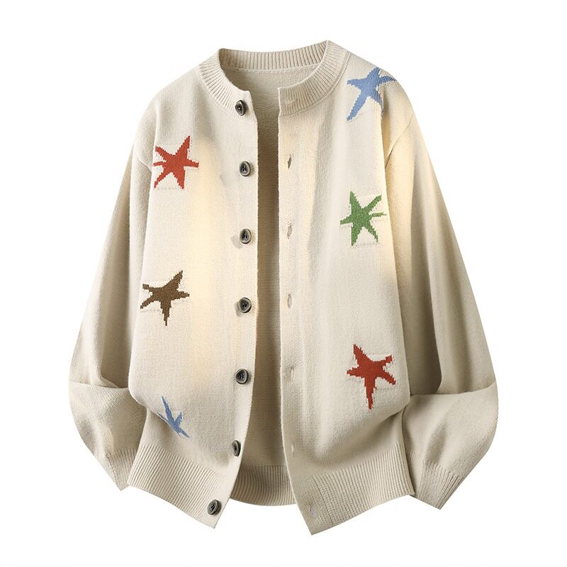 男士圆领针织开衫秋冬季彩色五角星提花宽松休闲毛衣外套潮