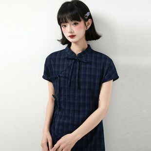 小葱良裁 深蓝色格子新中式连衣裙女夏蝴蝶结绑带收腰改良旗袍裙