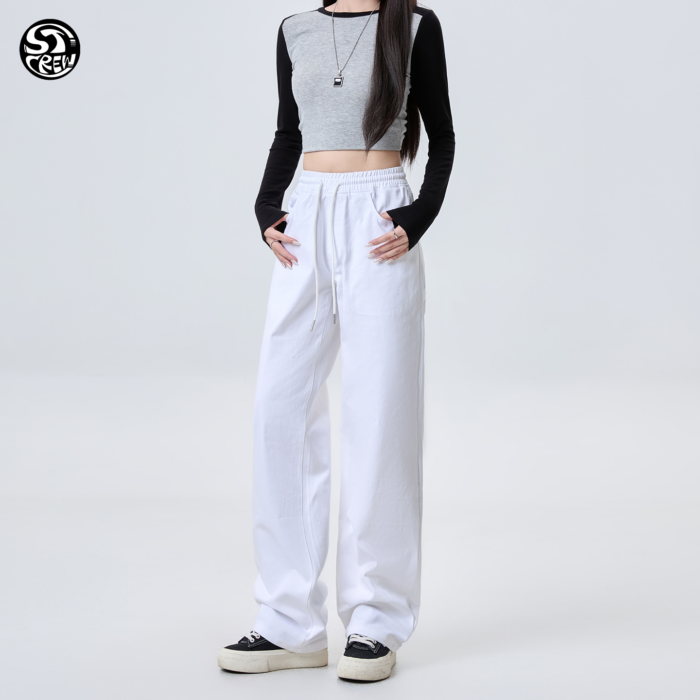 STC白色美式休闲直筒工装潮长裤