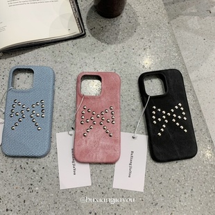 不想加油ins小众纯色牛仔柳钉蝴蝶结手机壳适用苹果17ProMax高级感16防摔手机壳iPhone13/14全包防摔保护套15