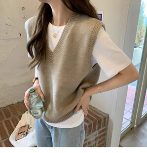 简约V领毛针织马甲女2022秋季新款韩版宽松毛线马夹坎肩背心叠穿