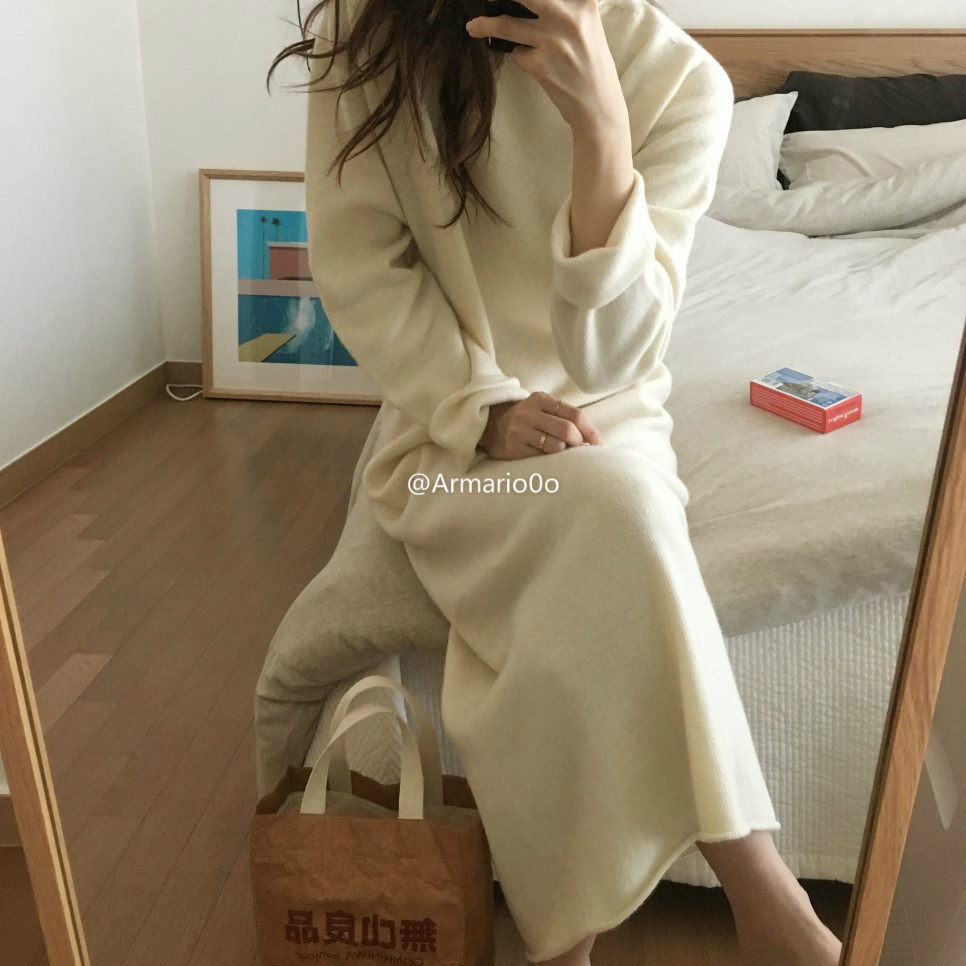 100%纯羊毛圆领外穿长款过膝长裙