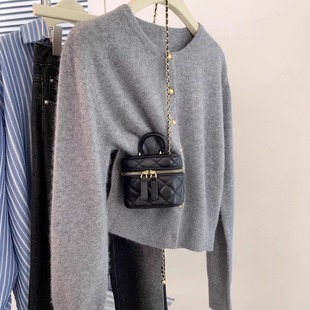 灰色正肩小香风针织衫女圆领100%羊毛开衫外套女秋冬高腰短款上衣