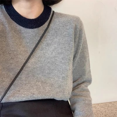 100%纯羊毛韩版圆领撞色针织毛衣