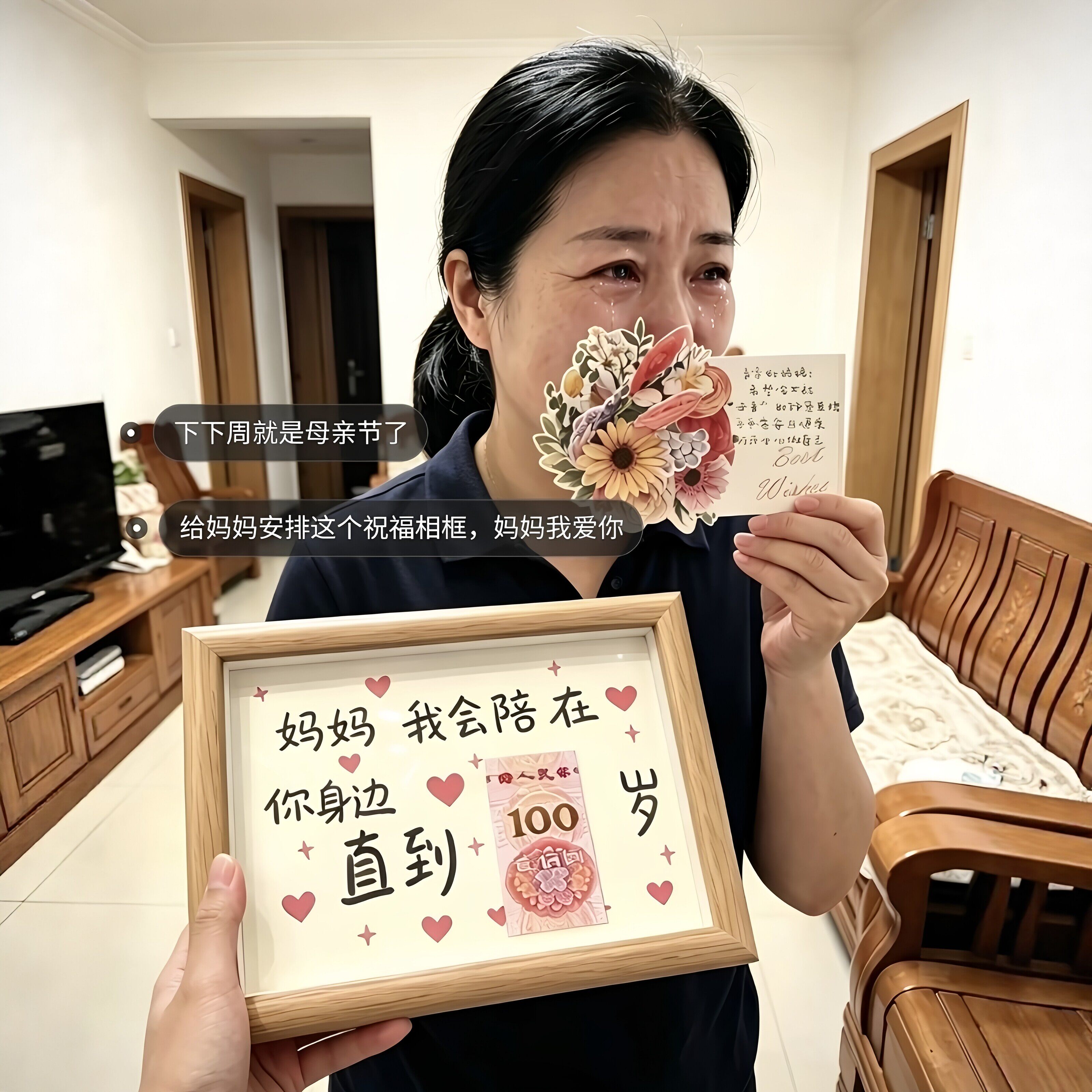 妈妈我会陪你到100岁！母亲节礼物木质相框送妈妈桌面装饰品摆件