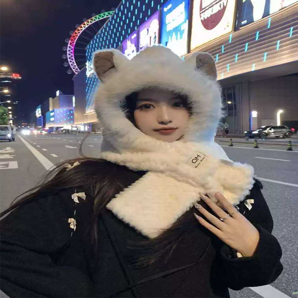 毛绒猫耳帽子女秋冬季大头围巾