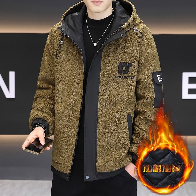 羊羔毛拼接棉衣男2025新款加棉加厚连帽冬季保暖潮流棉袄过冬外套