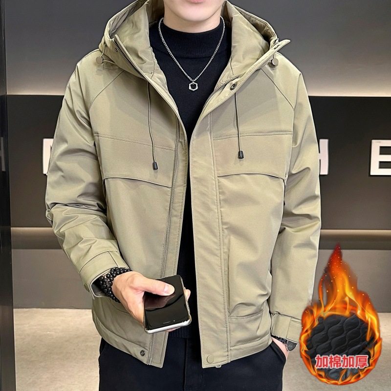 秋冬新款男士拼接连帽二棉夹克韩版宽松休闲加棉加厚棉服外套百搭