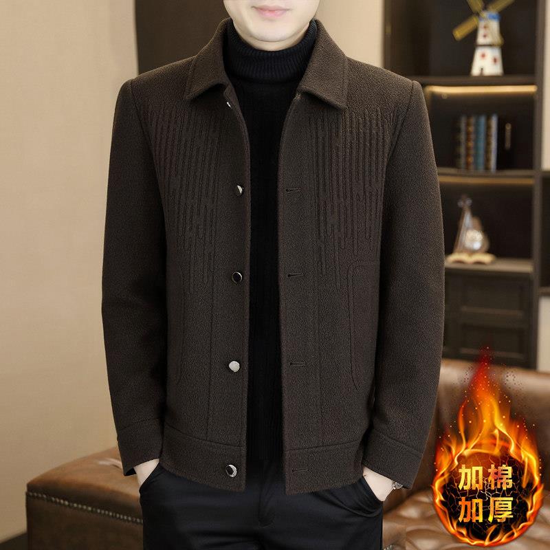 新款青年翻领外套男士冬季加绒加厚保暖夹克休闲修身高端毛呢大衣