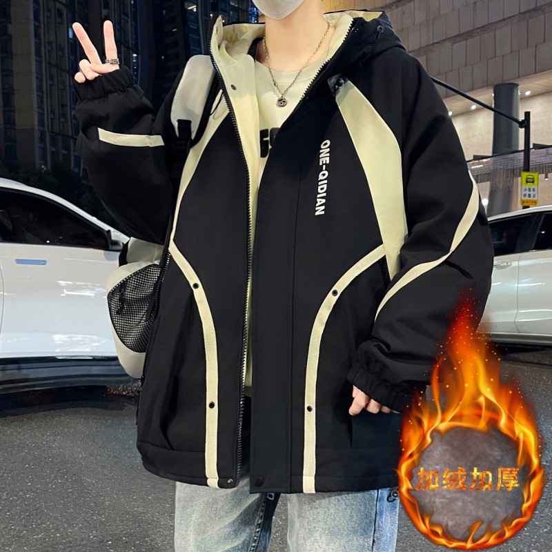 加绒加厚夹克男秋冬款连帽工装外套男上衣青少年撞色拼接冲锋衣男