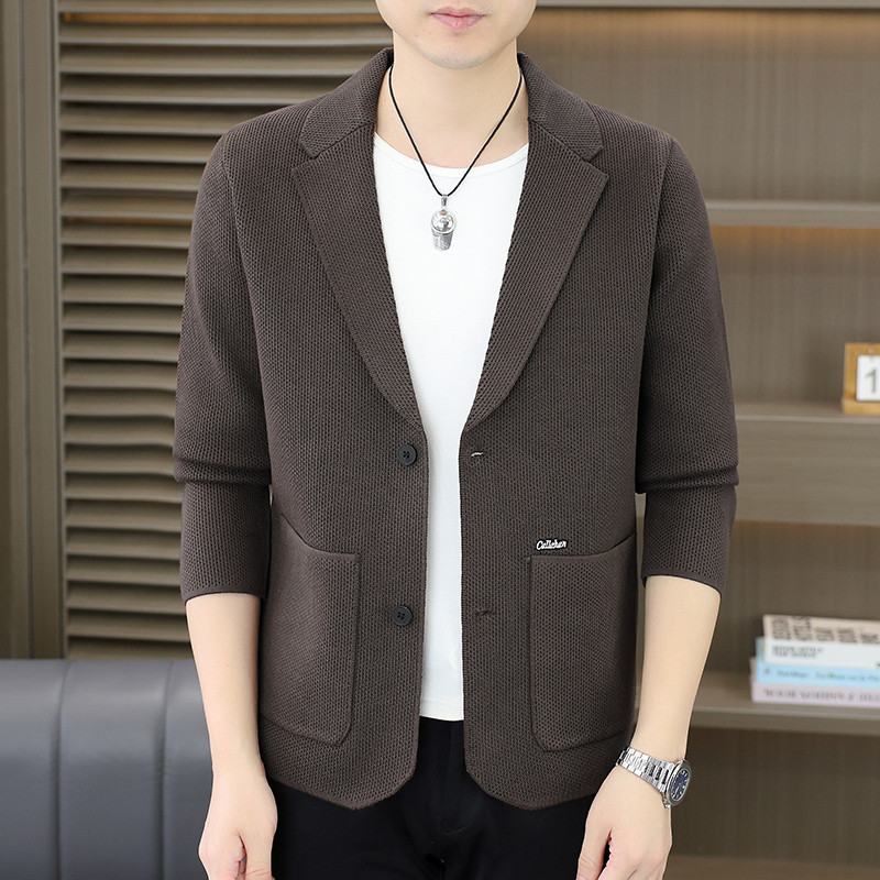 春秋季薄款简约纯色翻领西装针织开衫男士休闲百搭毛衣空调衫外套