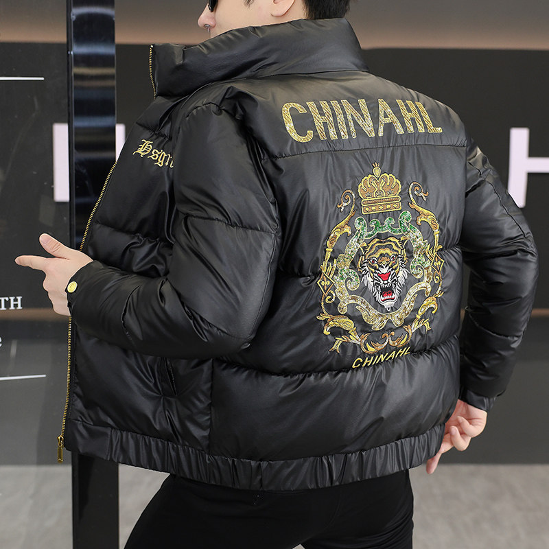 冬季欧货男士短款立领棉衣外套潮牌刺绣羽绒棉服个性加厚保暖袄子