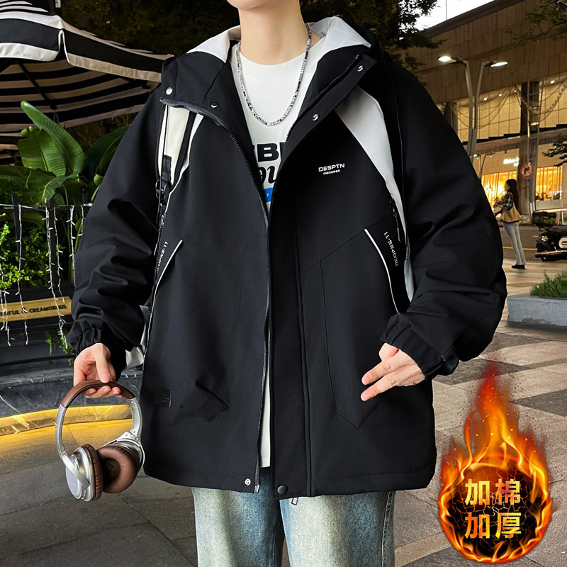 青少年外套男士2025秋冬季新款宽松连帽夹克夹棉加厚二棉轻薄棉服