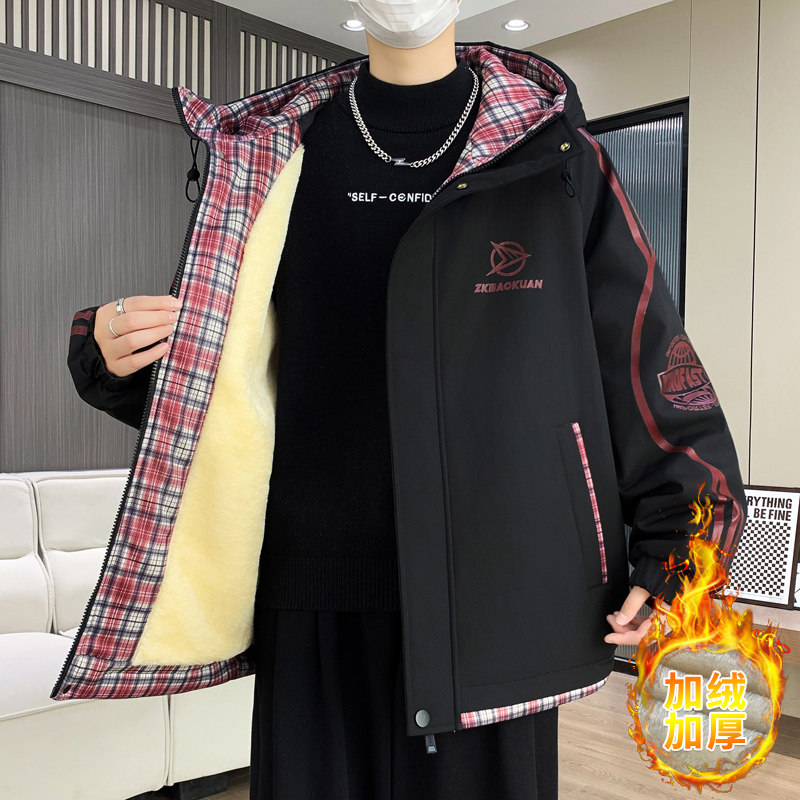 秋冬季青少年连帽冲锋衣男韩版宽松外套上衣学生加绒加厚保暖夹克