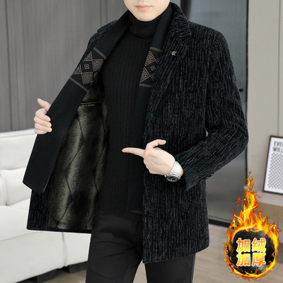 冬季加绒加厚中长款毛呢大衣男士商务休闲西装领围巾呢子风衣外套