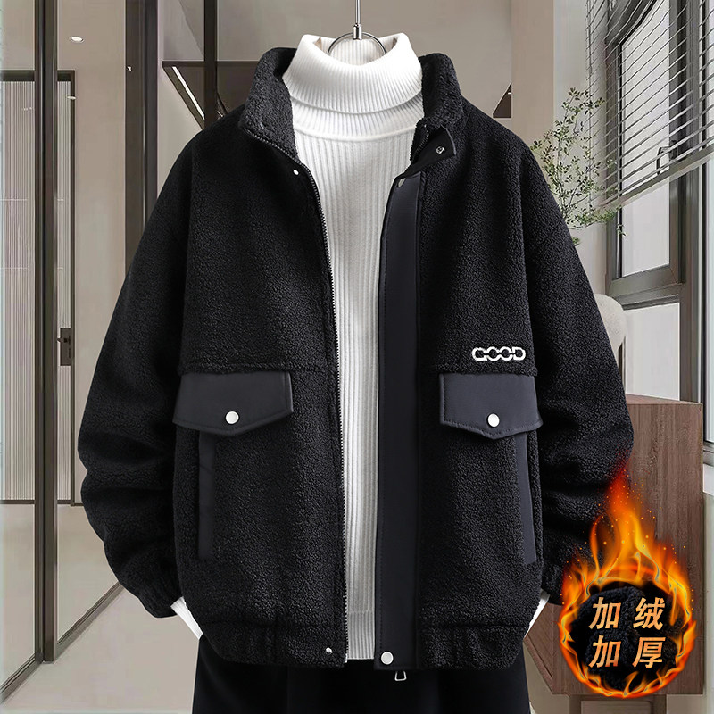 摇粒绒夹克男加绒加厚青年冬季棉衣外套韩版潮牌连帽颗粒绒上衣服