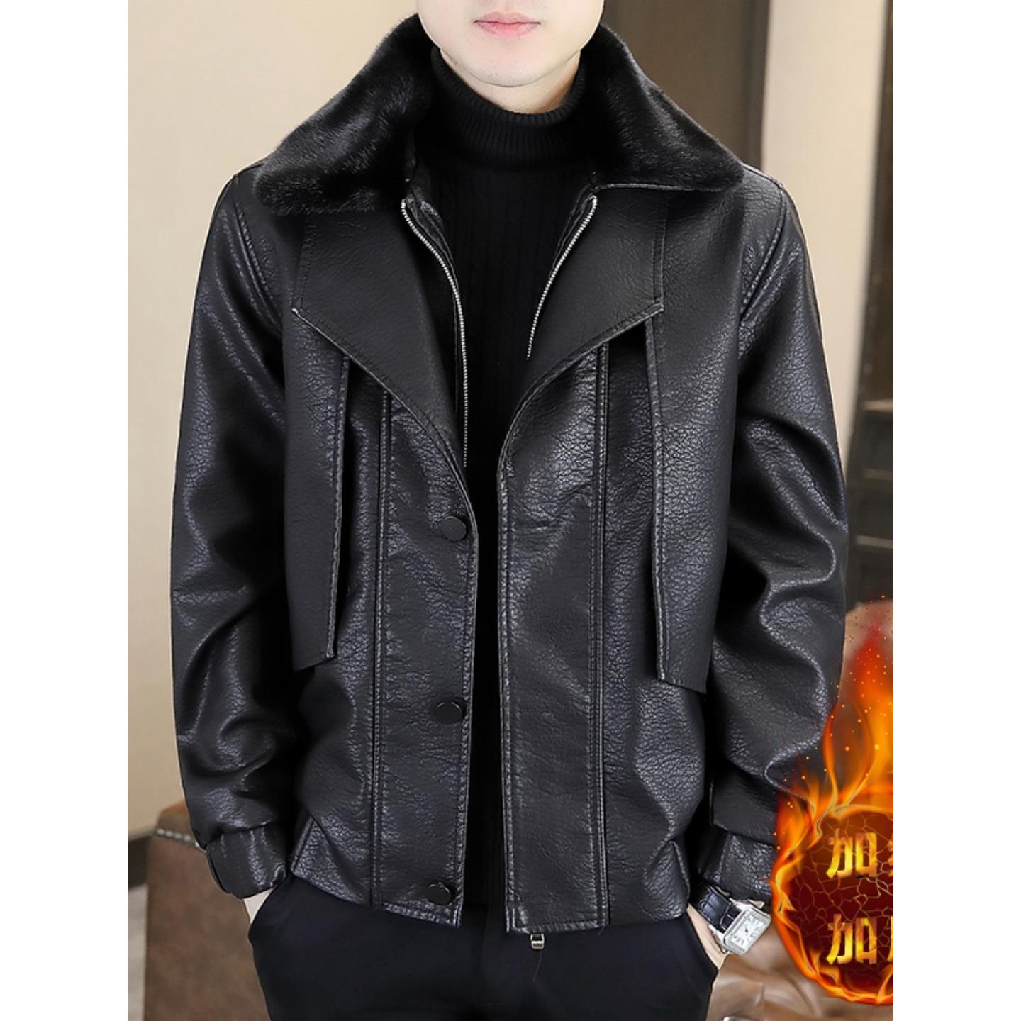 秋冬季假两件皮衣男士加绒加厚帅气皮夹克潮流冬装保暖海宁皮外套