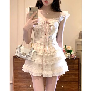 纯欲芭蕾公主风套装 蓬蓬蛋糕半身裙 女夏季 甜美蕾丝拼接碎花衬衫