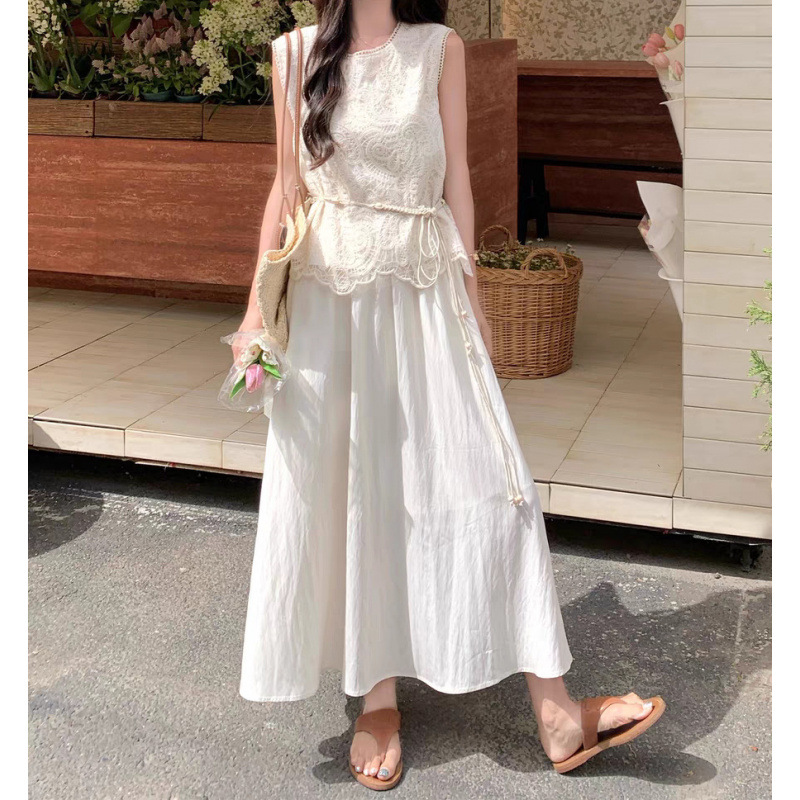 糖糖~无袖蕾丝背心半身裙套装女夏气质白色长裙两件套