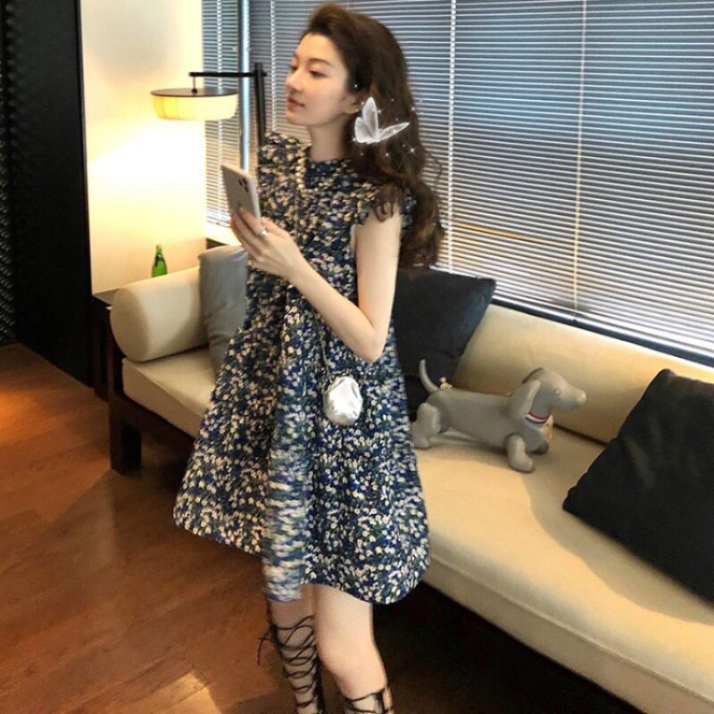 甜美无袖碎花雪纺连衣裙女夏小个子法式复古超仙森系初恋娃娃