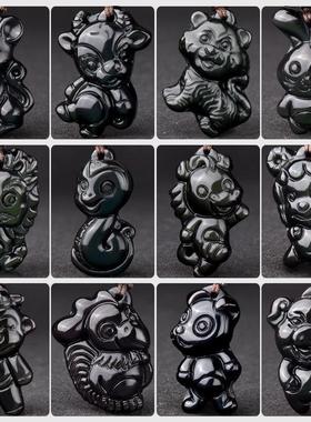 黑曜石生肖吊坠本命年挂件鼠牛虎兔龙蛇马羊猴鸡狗猪项链小孩儿童