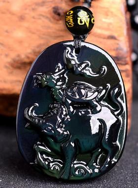 2025年吉祥物天然黑曜石生肖鼠吊坠麟牛赐福吉吊坠宏男女项链饰品