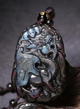 礼物蓝眼冰彩黑曜石飞天貔貅吊坠貔貅皮休项链男女节日礼物