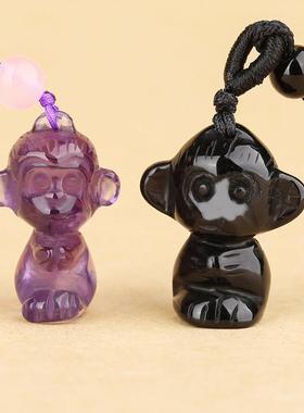 天然紫水晶生肖猴吊坠立体卡通3D手工雕刻小猴子黑曜石男女款项链