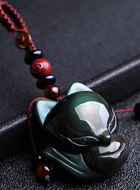 黑曜石狐狸吊坠九尾狐小狐狸吊坠男女项链天然水晶饰品挂坠黑狐