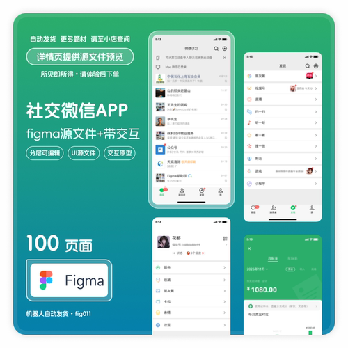 移动端社交APPui界面交互原型figma格式素材模版100页分层fig微信