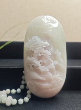 特惠天然南阳独玉冰润芙蓉粉色山水意境国风手把件玩件摆件中式