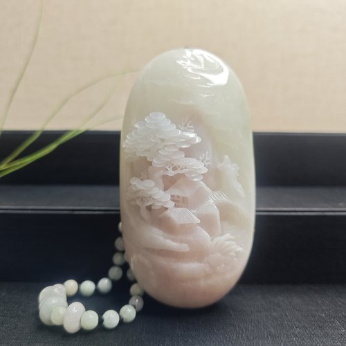 特惠天然南阳独玉冰润芙蓉粉色山水意境国风手把件玩件摆件中式