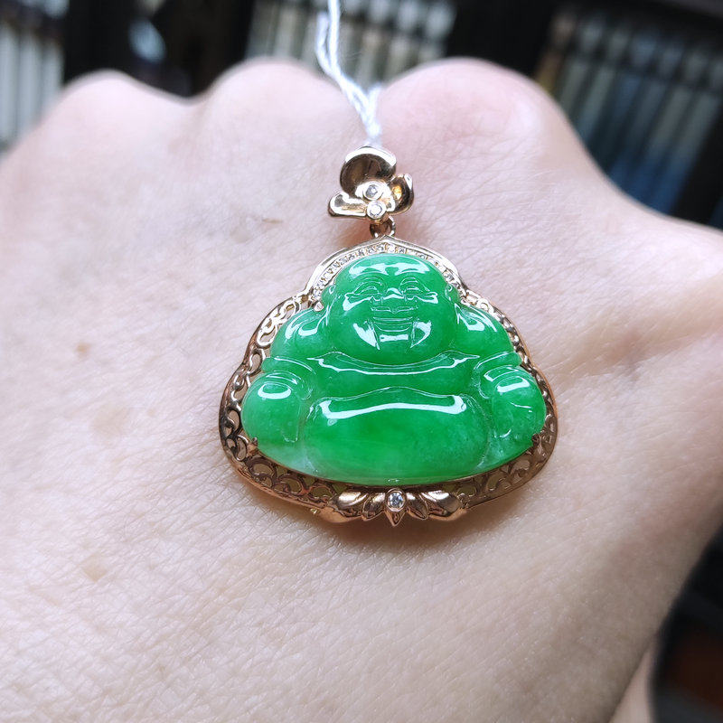 高货典雅天然翡翠A货冰种水润艳阳绿笑佛镶嵌18K玫瑰金吊坠证书
