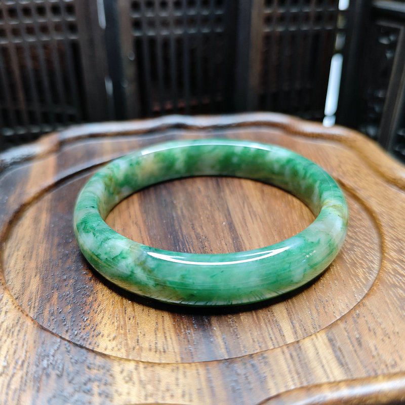 特惠南阳独玉冰润天蓝绿玉石扁手镯内径58mm 证书