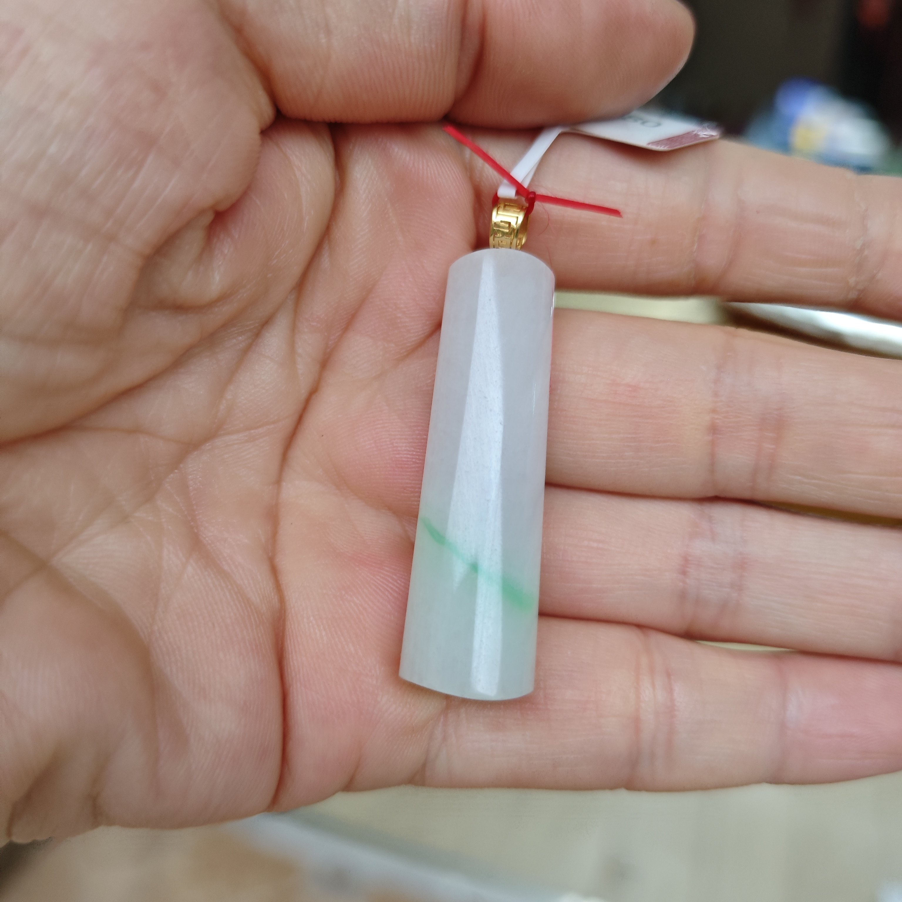 独特老坑冰润翡翠18k金镶翎管飘翠花平安无事牌吊坠玉石玉器挂件