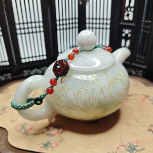 平价实体保证天然独山玉白玉金绘荷花壶把把壶手把件小摆件茶宠