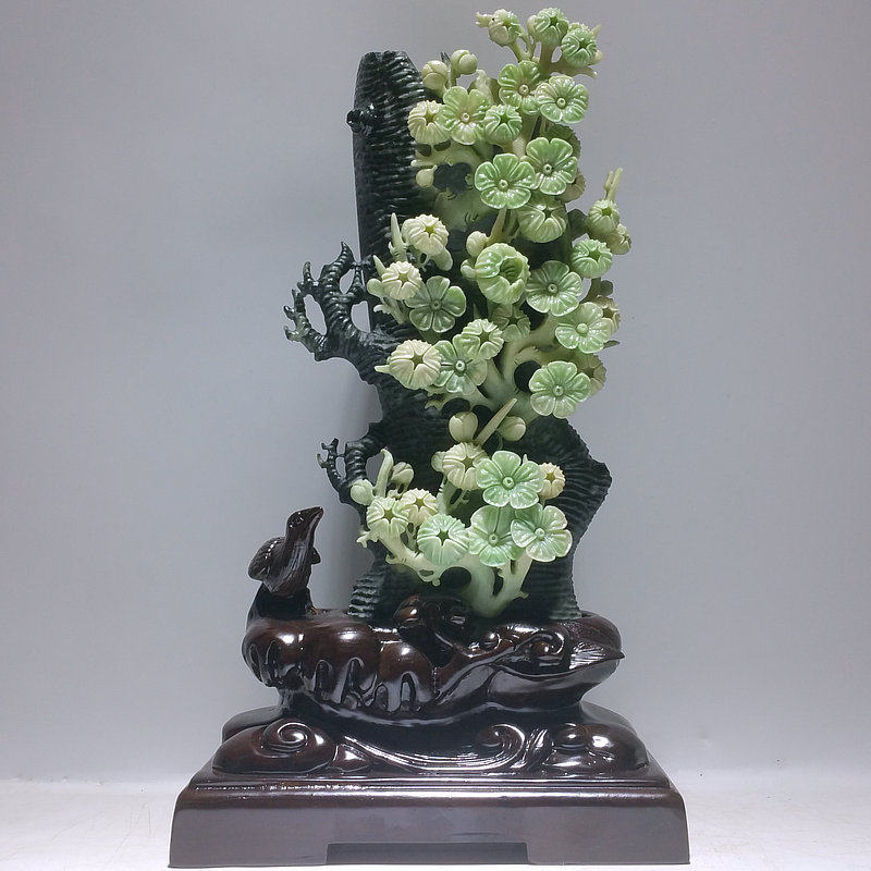 天然独山玉花鸟摆件中式梅花笔筒