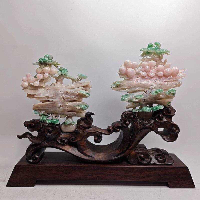 珍藏版 精品南阳独山玉芙蓉粉红色枯木逢春精品艺术摆件花鸟组合