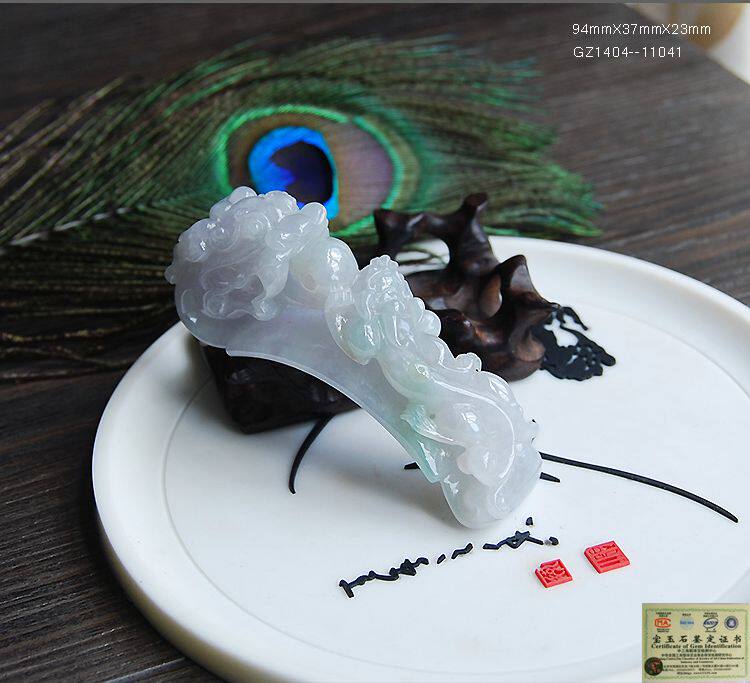 玉器直播清仓不还价 天然翡翠A货冰种水润精雕威猛貔貅龙钩 证书