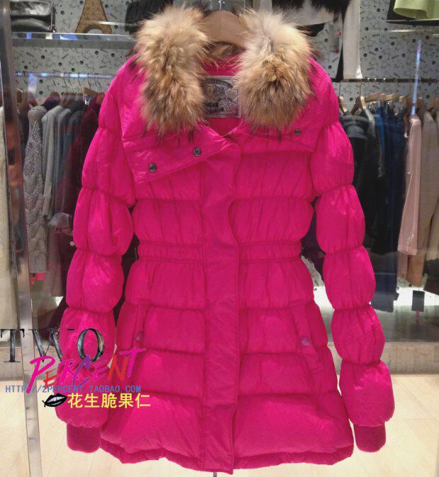 正品代购 2% twopercent百分二加减乘除收腰桃红色真毛领羽绒外套
