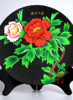 黑陶工艺品手工绘画家居陶瓷摆件乔迁送礼馈赠亲友礼盒包装牡丹盘