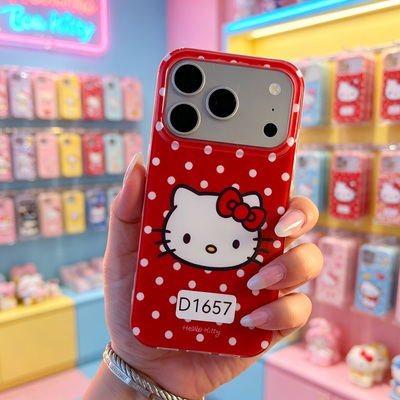 D1657 红色波点KITTY 亚克力硬背软边IMD 17promax苹果17pro新款iphone16pro保护套15创意防摔全包手机壳