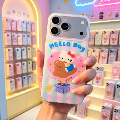 D098 Kitty格子粉的彩色亚克力硬背软边IMD 17promax苹果17pro新款iphone16pro保护套15创意防摔全包手机壳