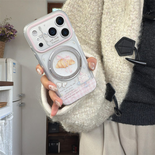 ins风粉格纹蝴蝶结支点支架适用iPhone17苹果16ProMax/15手机壳女