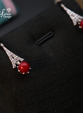 巴黎铁塔耳钉简约个性耳环女红色百搭新娘婚礼网红ins风甜美清新