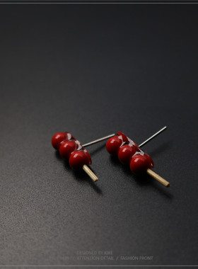 冰糖葫芦手作原创小巧红色耳钉s925银耳针耳夹款女可爱卡通无耳洞